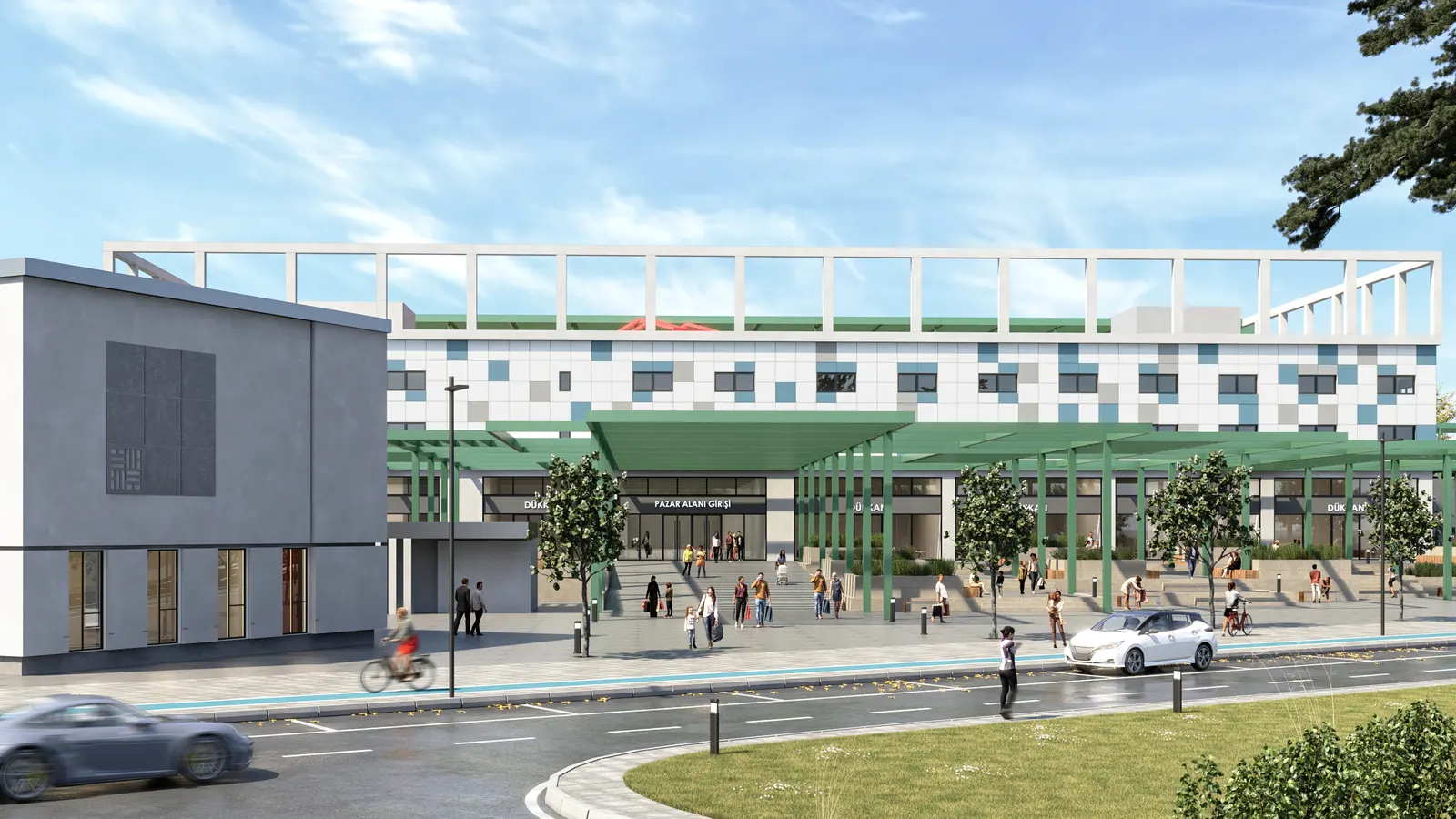 Marketplace Başakşehir, caddeden pazar yeri girişi ve yeşil örtüler