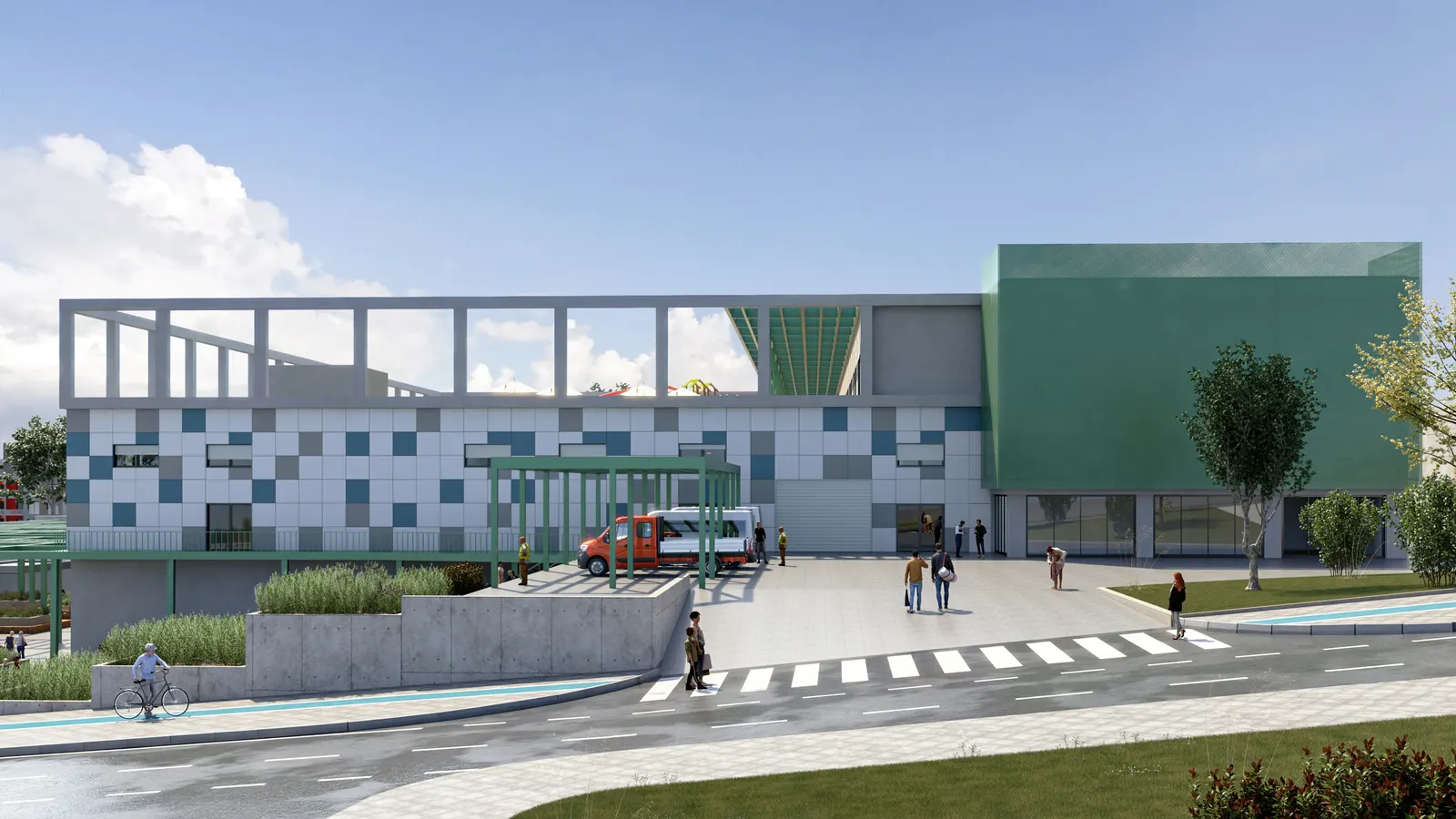 Marketplace Başakşehir, yaya geçidi ve beyaz-yeşil kaplamalı cephe