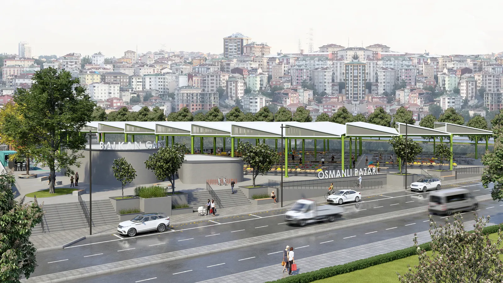 Marketplace Eyüpsultan, yol kenarındaki pazar yeri ve arkadaki konut dokusu