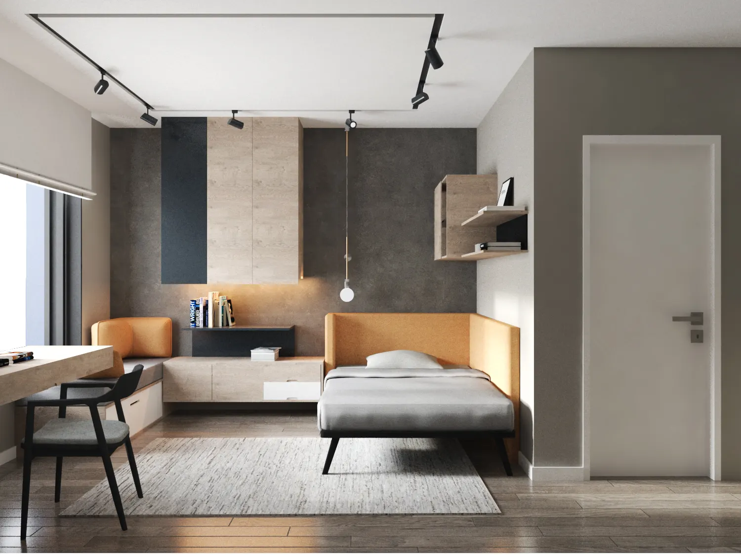 YA House, gri ve hardal tonlu genç odası ve çalışma masası
