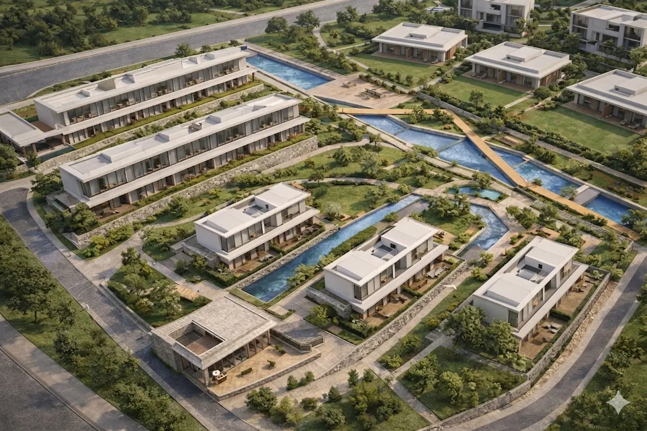 Yalova Termal, su kanalları ve yeşil alanlar arasındaki konaklama yapılarının kuşbakışı görünümü